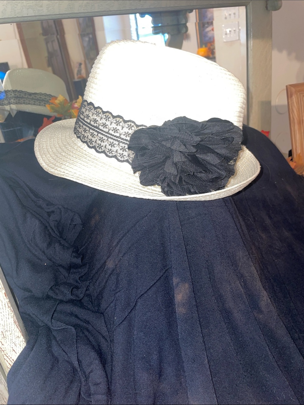 Rampage White Straw Fedora with Black Lace Band and Black Flower